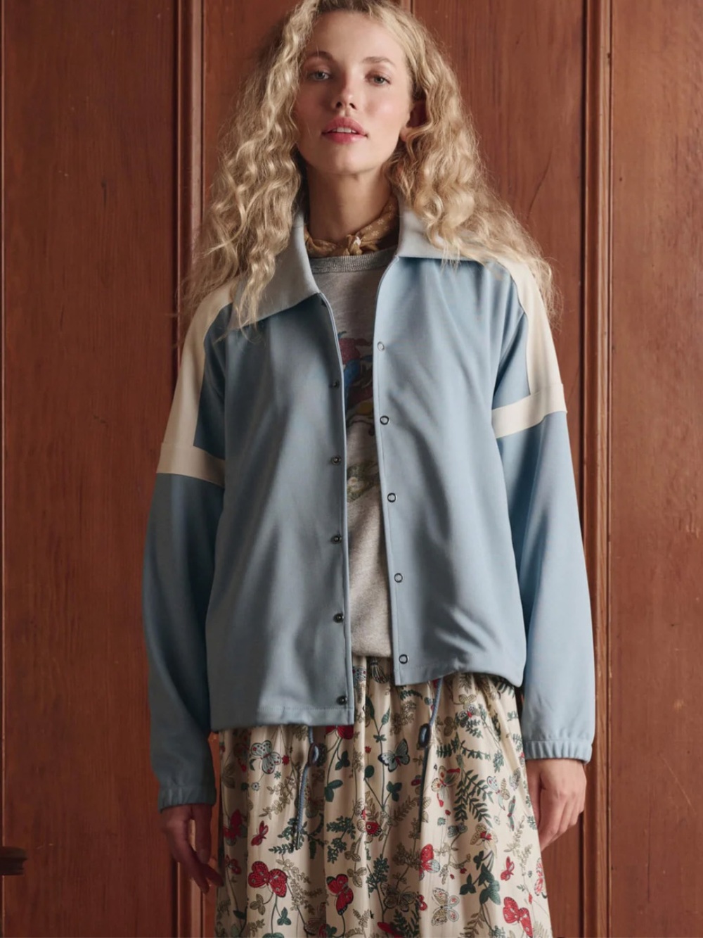 THE GREAT. Trainer Jacket. in Robin Blue Size Small Oversized Retro Vintage 70s